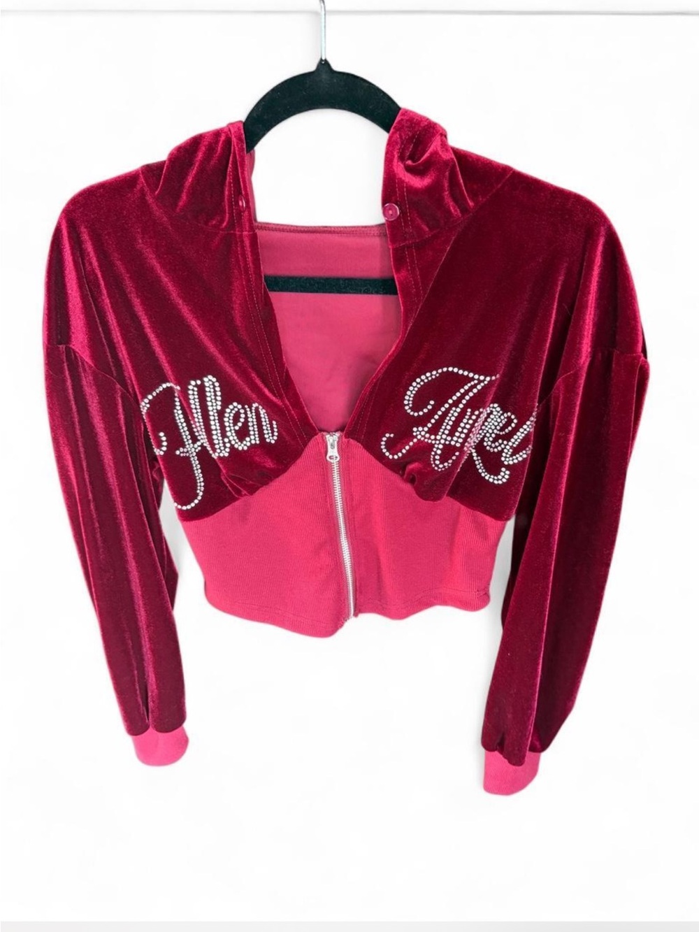 Burgundy bling Fallen Angel velvet zip up jacket with hood ROMWE Medium